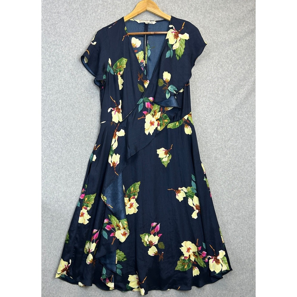 Rachel Roy Faux Wrap Dress Navy Blue Floral Ruffle Short Sleeve Womens Size 0X